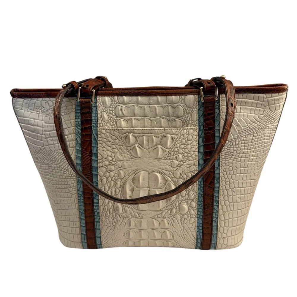 BRAHMIN HANDBAG, Medium Asher - Coconut Soraya Leather Tote Handbag, VERY GOOD.